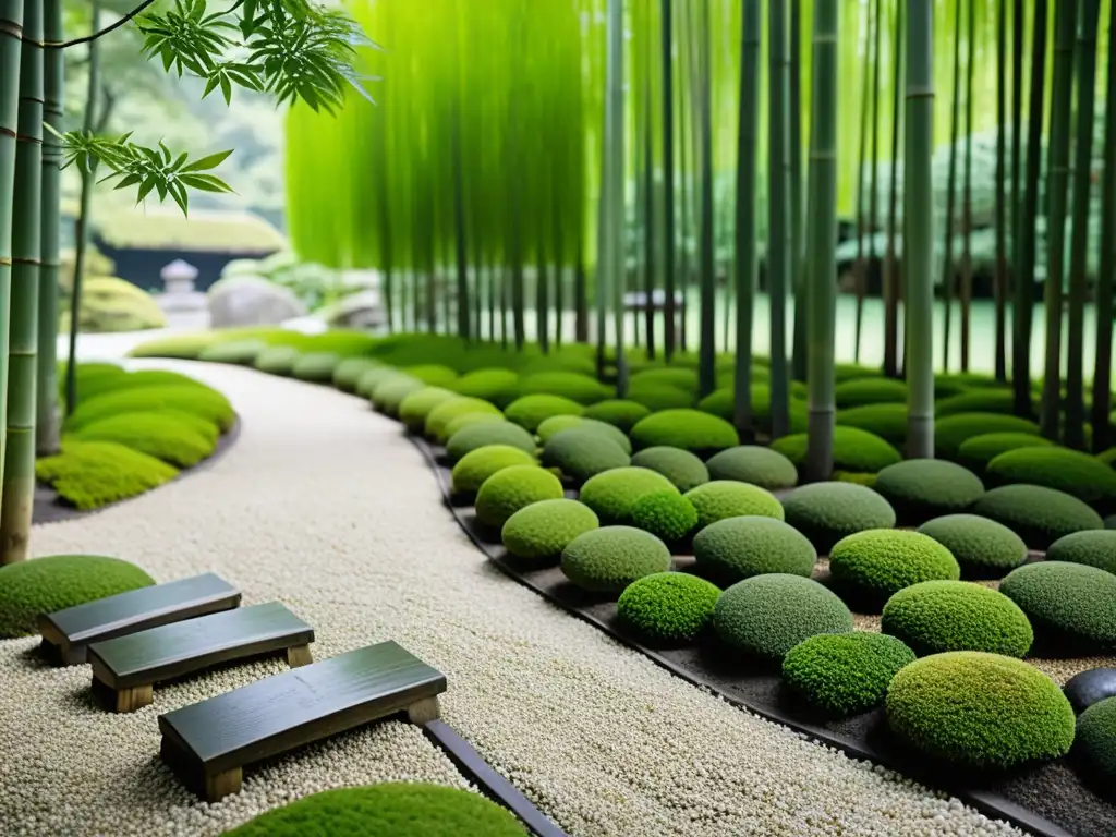 Fotografía paisajística Feng Shui que transmite tranquilidad en un sereno jardín japonés con musgo, piedras y bambú