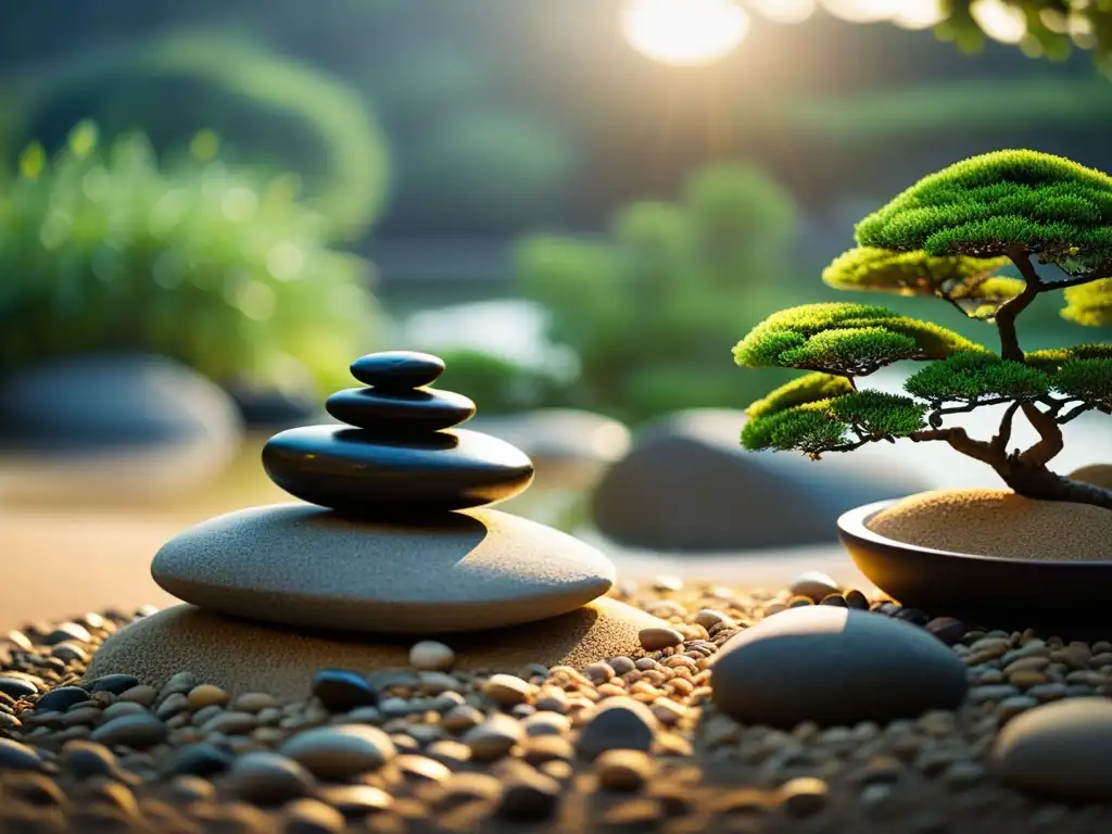 Un jardín Zen tranquilo, con arena cuidadosamente rastrillada, un pequeño puente y bonsáis perfectamente podados, rodeado de suaves piedras de río