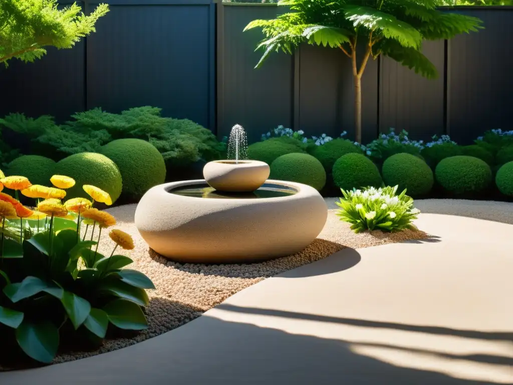 Un jardín zen tranquilo y armonioso con rocas, fuente y arena perfectamente peinada, rodeado de exuberante vegetación y flores vibrantes