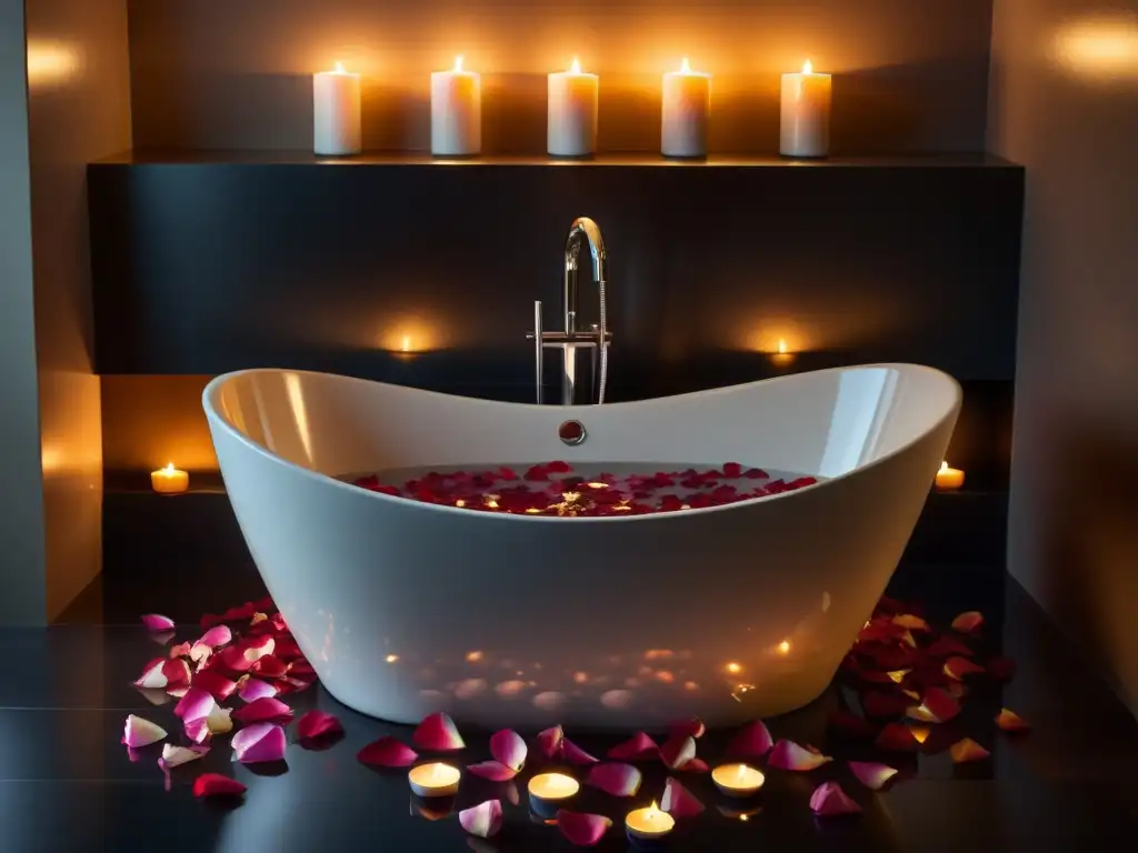 Un tranquilo baño de sales para armonizar: tina llena de agua con pétalos de rosa, luz de velas y atmósfera relajante