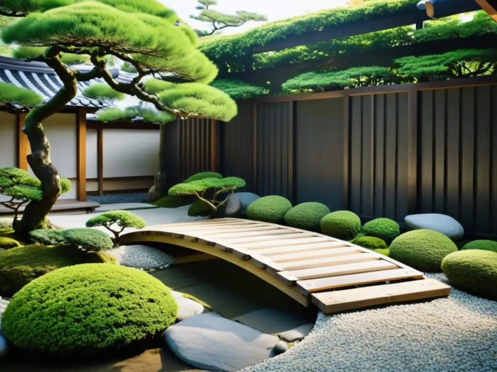 Un tranquilo camino de jardín japonés con diseño de caminos de jardín Feng Shui, rodeado de bonsáis y adornado con piedras y un torii de madera