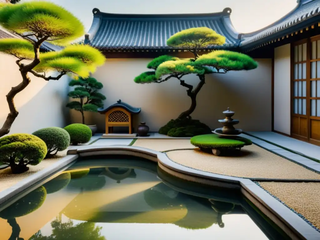 Jardín zen en casa china: armonía y elegancia Jardín tranquilo en casa china con Feng Shui en la arquitectura tradicional: bonsáis, puente y luz dorada