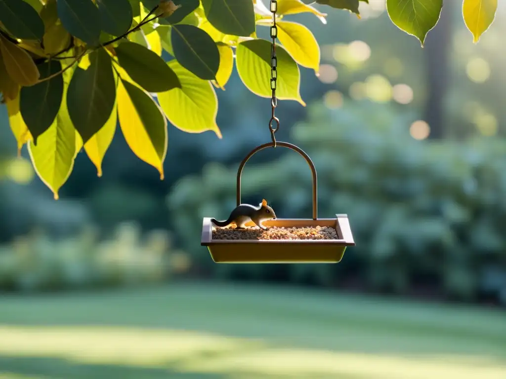 Un jardín tranquilo con un comedero para pájaros colgando de una rama, aves y ardillas disfrutando en armonía