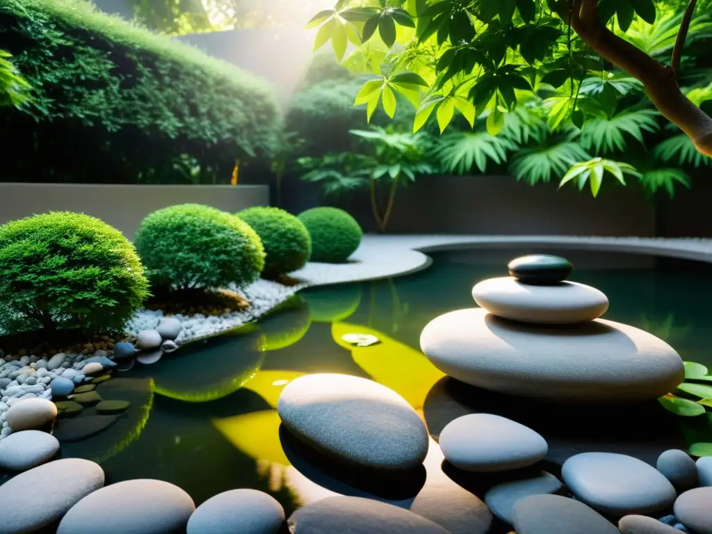 Jardín zen con equilibrio natural y serenidad Un jardín tranquilo y equilibrado, con plantas, agua y piedras, inspirado en el Feng Shui para armonía global