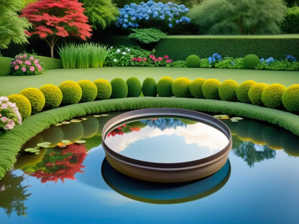 Un jardín tranquilo con un estanque reflejando la belleza de la naturaleza