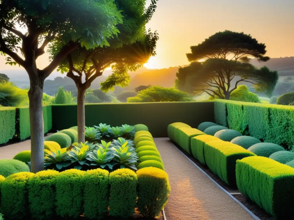 Un jardín tranquilo con filas de frutas vibrantes y exuberante follaje verde, bañado en la cálida luz del sol poniente