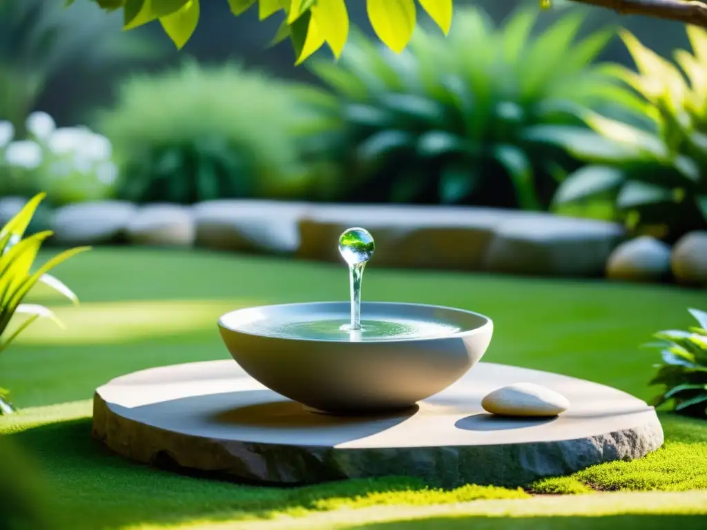 Un jardín tranquilo con una fuente minimalista rodeada de suaves piedras, reflejando la luz del sol