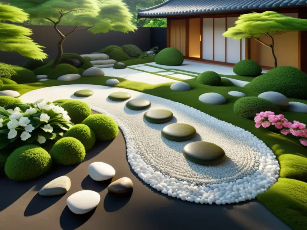 Un jardín Zen tranquilo con grava blanca cuidadosamente rastrillada, rocas cubiertas de musgo y un arreglo perfectamente colocado de piedras de paso minimalistas, rodeado de exuberante vegetación y flores vibrantes en plena floración