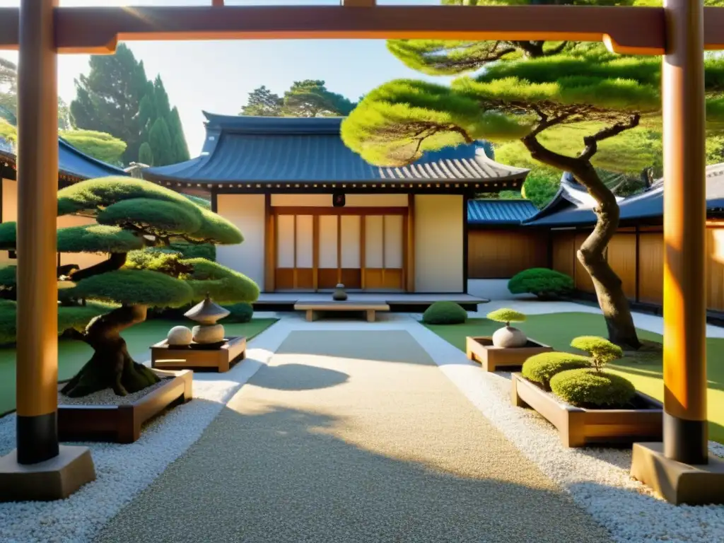 Un jardín zen tranquilo con grava blanca cuidadosamente rastrillada, rodeado de bonsáis y una pagoda de piedra en el centro