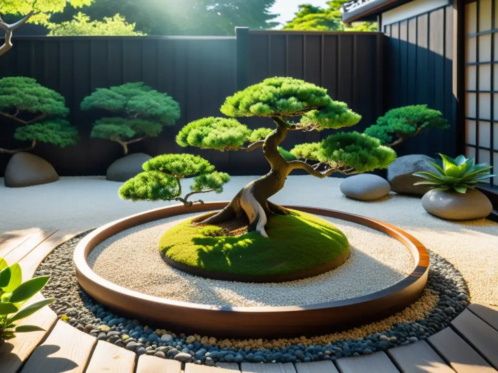 Un jardín zen tranquilo con grava blanca, rocas grandes y un bonsái en el centro