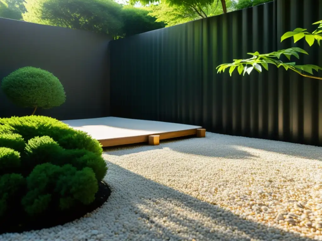 Un jardín Zen tranquilo con grava cuidadosamente rastrillada, un pequeño puente de piedra y un telón de fondo de exuberante vegetación, todo dispuesto en perfecta armonía según los principios del Feng Shui para jardines exteriores