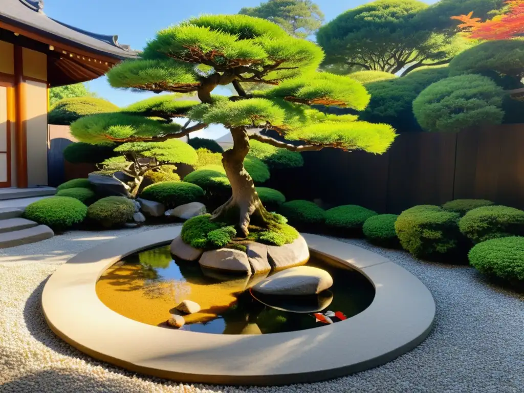 Un jardín Zen tranquilo con grava cuidadosamente rastrillada, rocas cubiertas de musgo y un árbol bonsái perfectamente podado en el centro