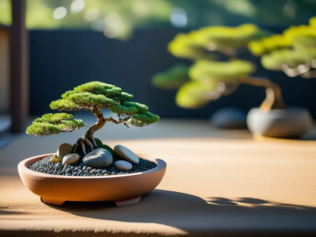 Un jardín zen tranquilo con grava cuidadosamente rastrillada, rocas bien colocadas y un elegante árbol bonsái en una maceta de barro