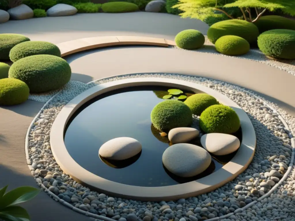 Tranquilo jardín Zen con grava, rocas y puente sobre un estanque