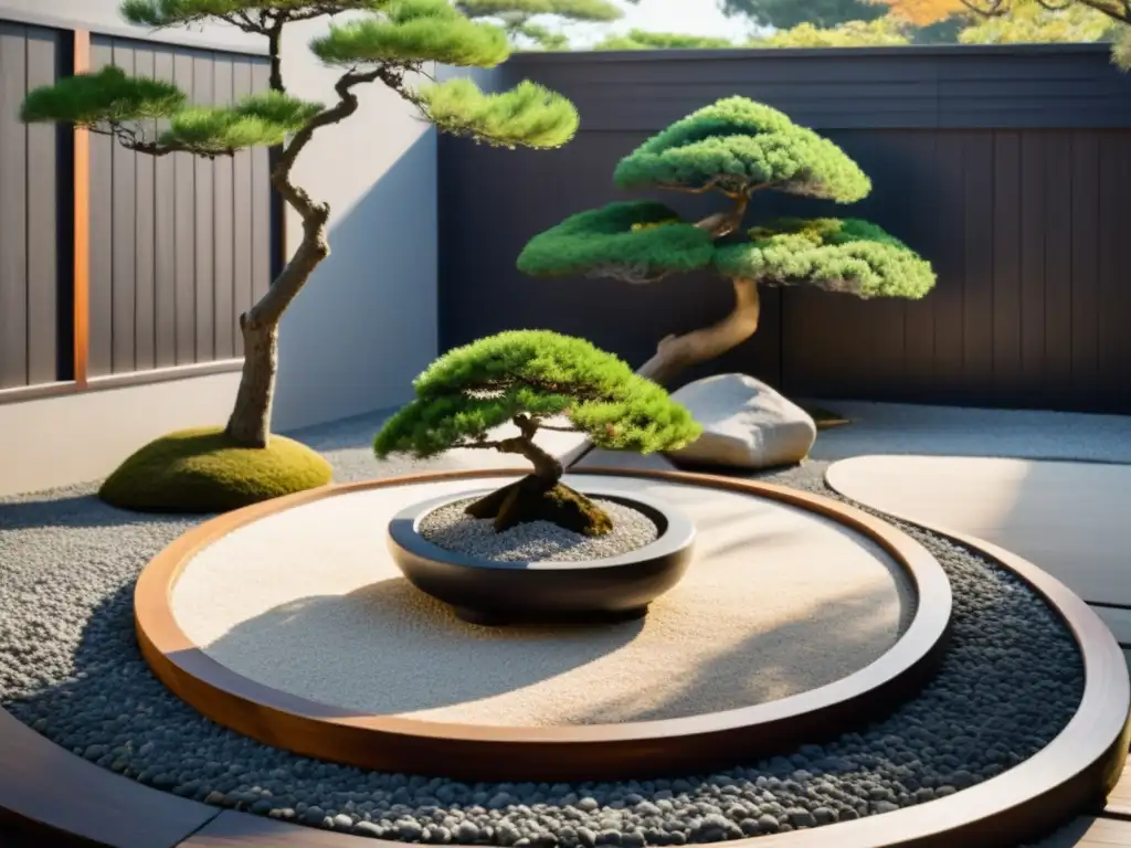 Un jardín Zen tranquilo con gravilla blanca, rocas estratégicamente colocadas y un elegante árbol bonsái en el centro