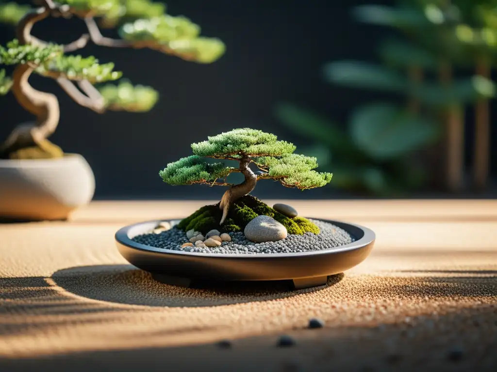 Jardín Zen tranquilo con gravilla cuidadosamente rastrillada, rocas estratégicamente colocadas y un bonsái podado, simbolizando la tranquilidad y la armonía en la práctica de Feng Shui para buena suerte