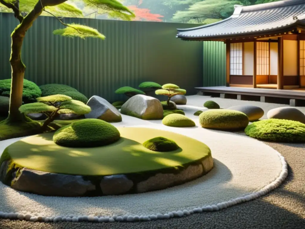 Tranquilo jardín japonés con diseño de jardines Feng Shui, rocas, musgo verde vibrante y pagoda de madera