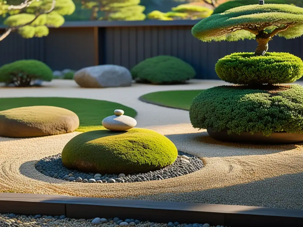 Tranquilo jardín japonés con elementos orgánicos, rocas cubiertas de musgo y bonsáis, bañados por la suave luz del atardecer