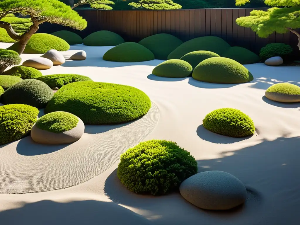 Tranquilo jardín japonés con elementos orgánicos, rocas cubiertas de musgo y arena blanca, evocando el equilibrio del Feng Shui