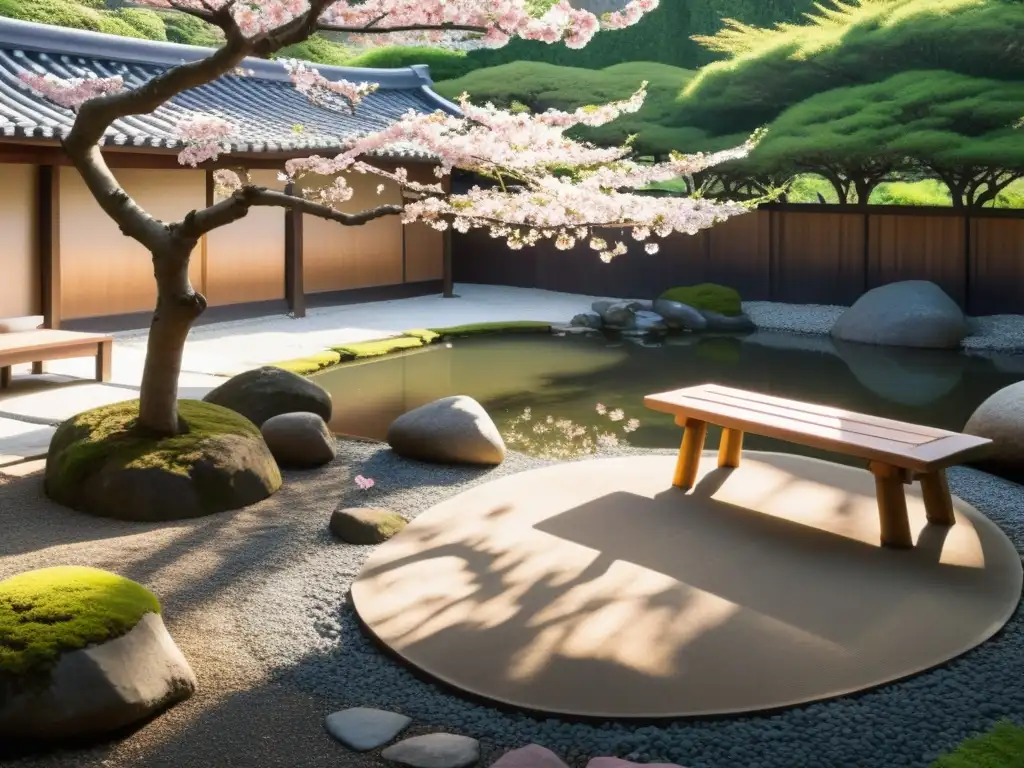 Tranquilo jardín japonés con fuente, árbol de cerezo y banco de madera