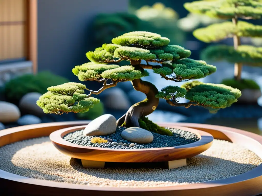 Un tranquilo jardín japonés con grava cuidadosamente rastrillada, rodeado de piedras de río y un elegante árbol bonsái al fondo