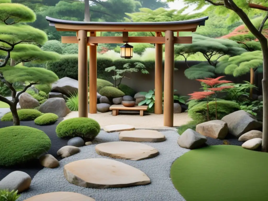 Tranquilo jardín japonés con pérgola de madera, faroles y armonía de colores