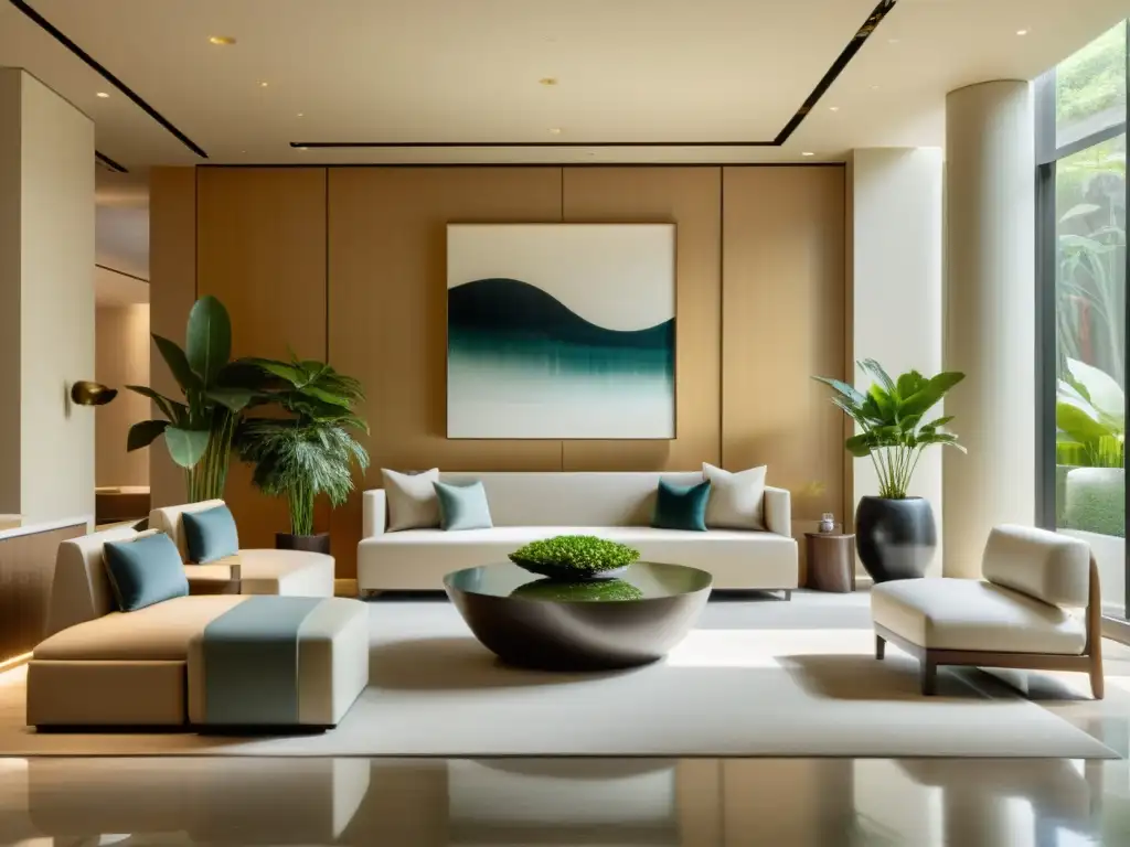 Tranquilo lobby de hotel con influencia Feng Shui, muebles minimalistas y ambiente armonioso para huéspedes relajados