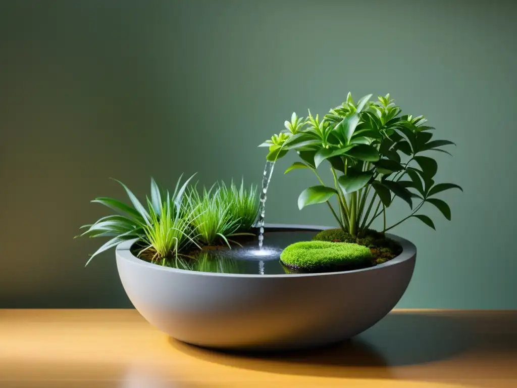 Un tranquilo y minimalista fuente de agua interior rodeada de plantas acuáticas verdes vibrantes, creando una armonía pacífica