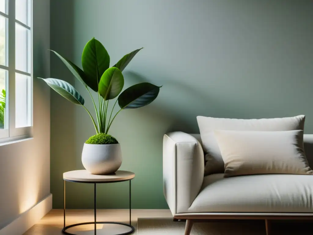 Tranquilo salón minimalista con plantas de interior para feng shui iluminadas por suave luz matutina