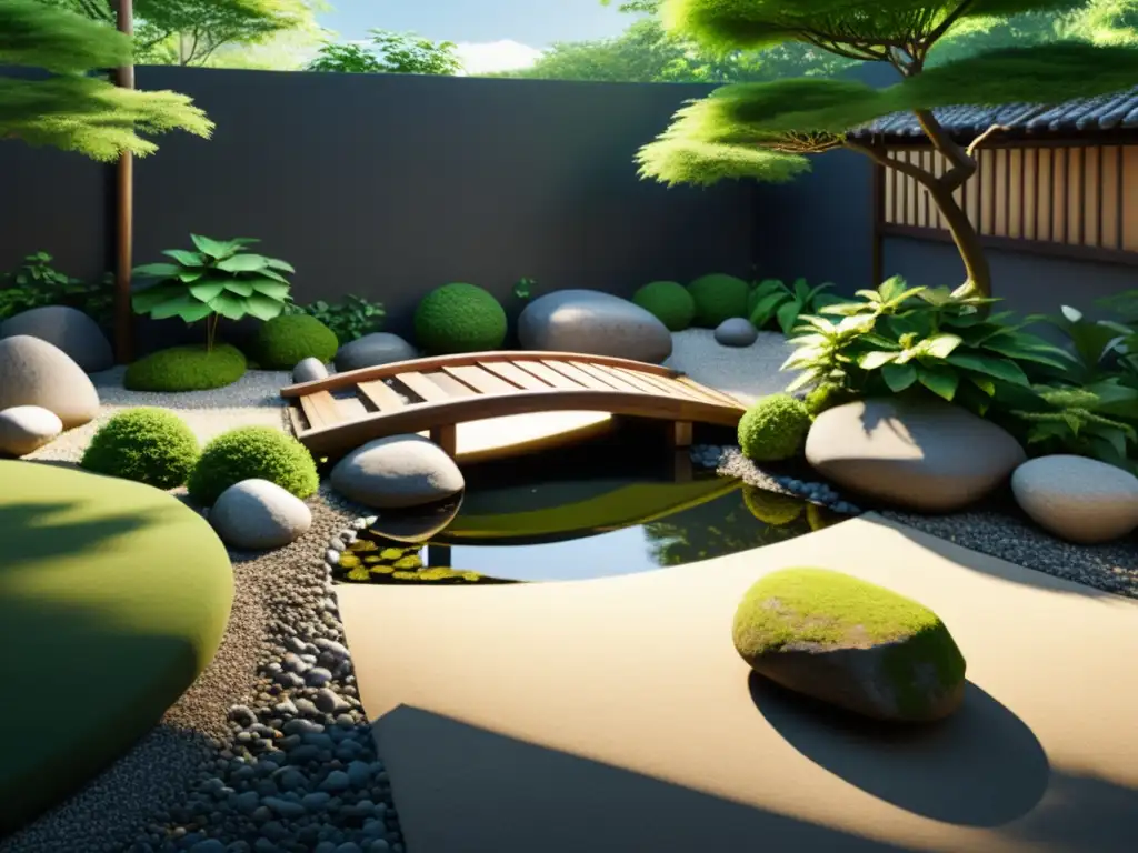 Un jardín tranquilo y minimalista con rocas y estanque, puente japonés y vegetación exuberante, reflejando armonía y paz