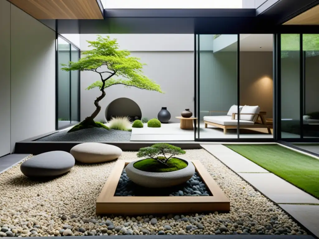 Un tranquilo jardín minimalista con rocas, estanque y bonsáis, rodeado de arquitectura moderna con luz natural