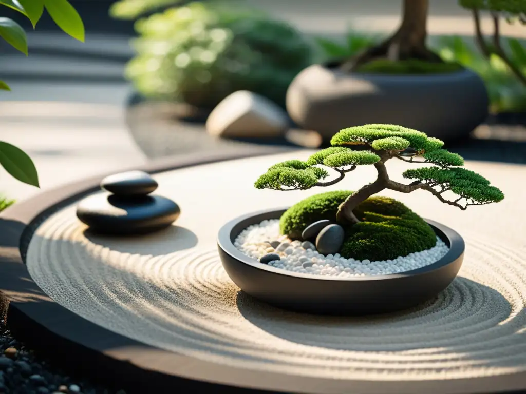 Un jardín zen tranquilo y minimalista con rocas, grava blanca y un bonsái