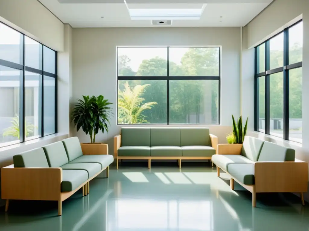 Un tranquilo y minimalista vestíbulo hospitalario con luz natural y mobiliario moderno