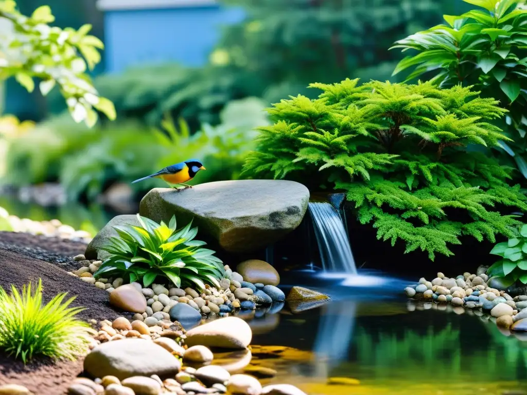 Un jardín tranquilo con un paisaje rocoso, aves coloridas y un arroyo sereno, capturando la esencia de atraer fauna local mediante el Feng Shui