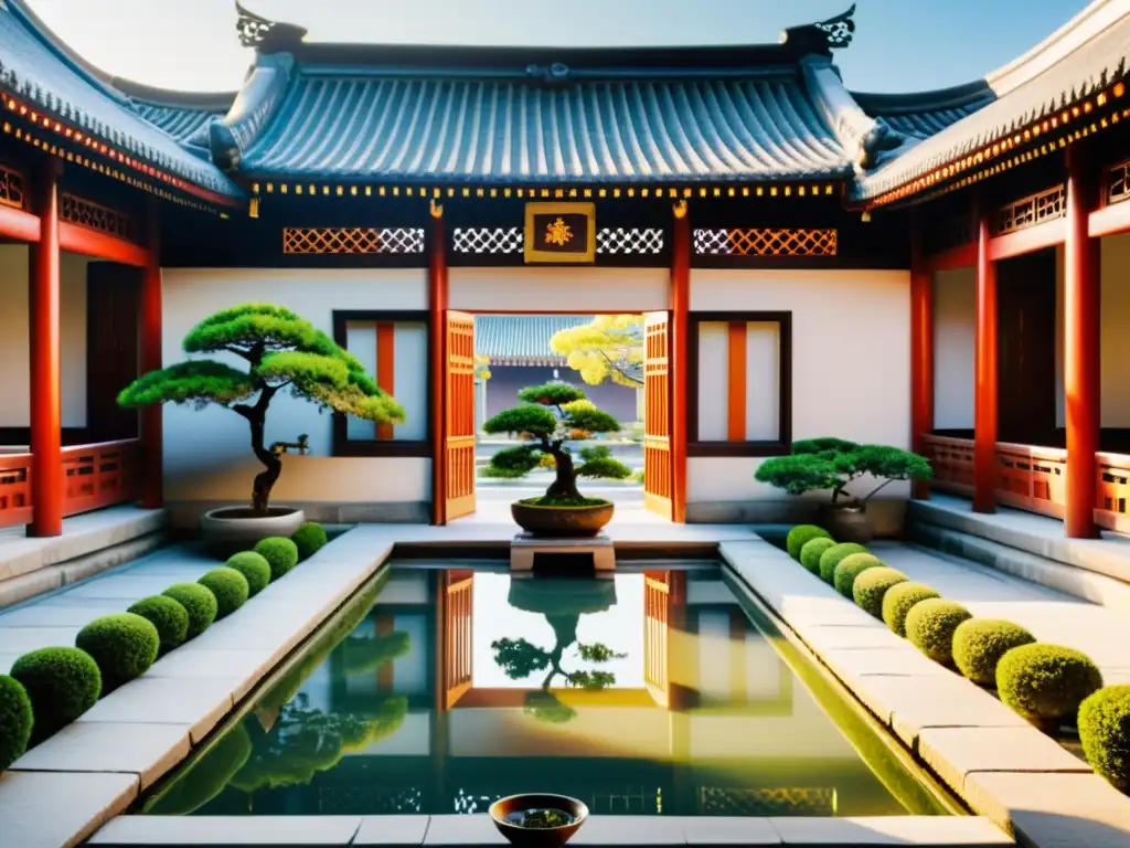 Tranquilo patio con arquitectura histórica influenciada por Feng Shui, pagoda, bonsáis y estanque de peces koi