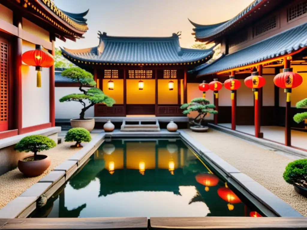 Jardín chino sereno con estanque de koi y pagoda de madera Un tranquilo patio chino con estanque de carpas koi, jardín de guijarros y bonsái, bajo una arquitectura de pagoda