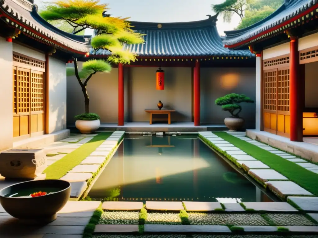 Tranquilo patio chino con jardines y estanque de peces koi, reflejando el Feng Shui en arquitectura global