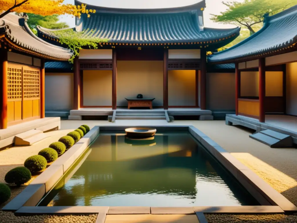 Un tranquilo patio de la Dinastía Tang con detalles arquitectónicos elegantes, jardín sereno y luz dorada, evoca el Feng Shui en la Dinastía Tang