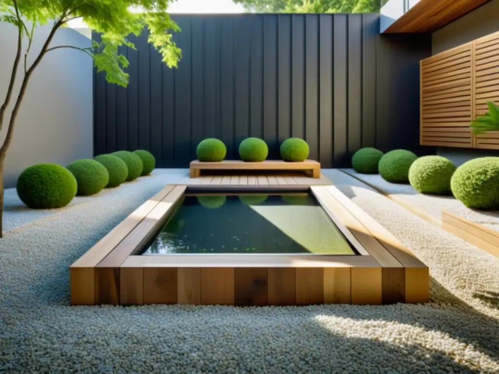 Un tranquilo patio minimalista con un elegante diseño de madera, rodeado de grava y plantas en macetas geométricas