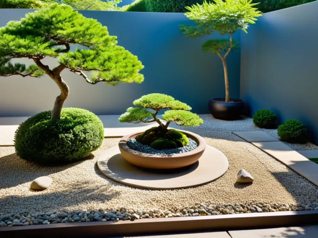 Un tranquilo patio con jardín de rocas, un bonsái y armonía