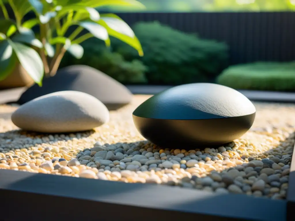 Un jardín Zen tranquilo con piedras cuidadosamente colocadas y grava rastrillada, evocando el equilibrio del Feng Shui