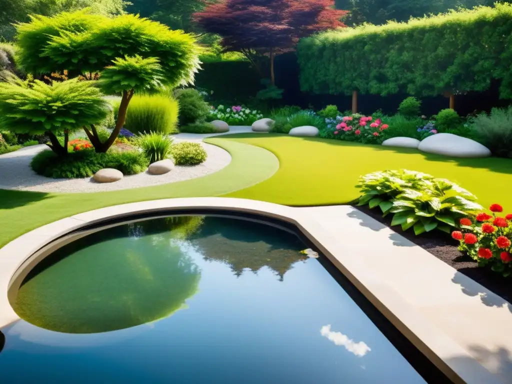 Un jardín tranquilo con piedras y un pequeño estanque, rodeado de exuberante vegetación y flores coloridas