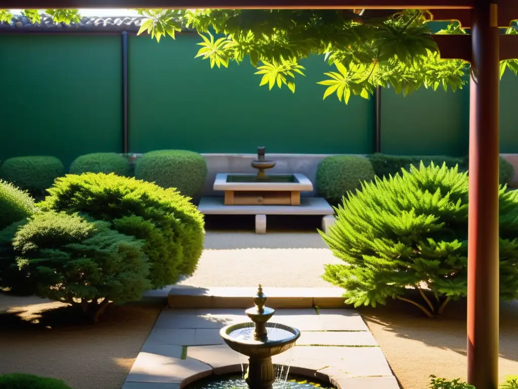 Un jardín tranquilo con plantas aromáticas y equilibrio Feng Shui