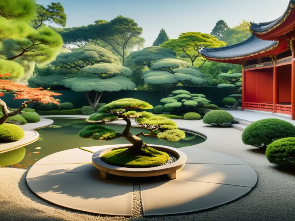 Tranquilo jardín real con bonsáis, estanque de carpas y senderos de piedra, reflejando el Feng Shui en la realeza