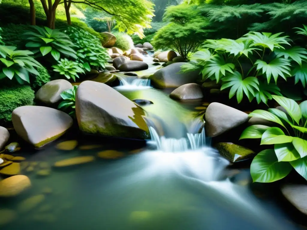 Un jardín tranquilo, con rocas, agua y exuberante vegetación, equilibrado y sereno