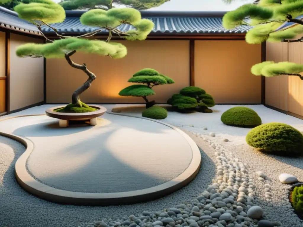 Un tranquilo jardín zen con rocas, árboles podados y una lámpara de piedra, reflejando técnicas de riego y el equilibrio del feng shui