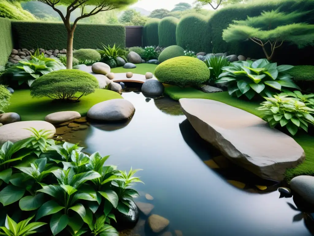 Un jardín tranquilo con armonía Feng Shui, rocas y un arroyo, bañado en luz natural