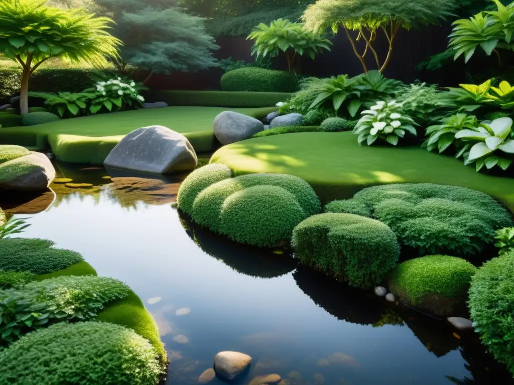 Jardín Zen: Armonía Natural y Calma Jardín tranquilo con rocas, arroyo y vegetación exuberante