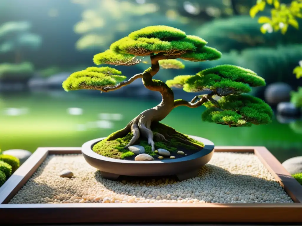 Un jardín Zen tranquilo con rocas cubiertas de musgo, árbol bonsái y un estanque sereno, rodeado de exuberante vegetación