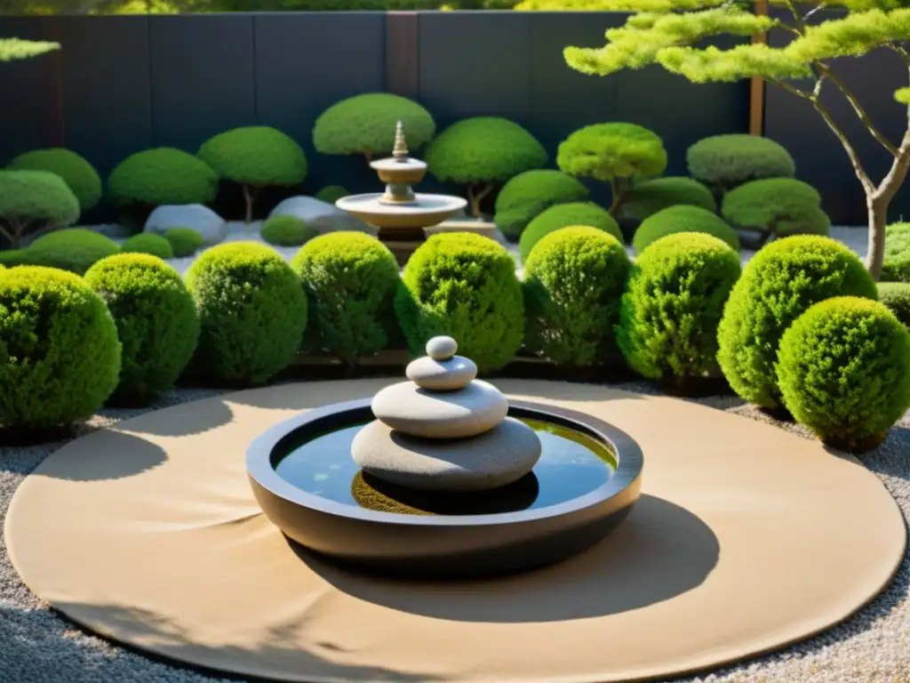 Un jardín Zen simétrico y tranquilo con rocas equilibradas, agua serena y árboles bonsái, creando armonía